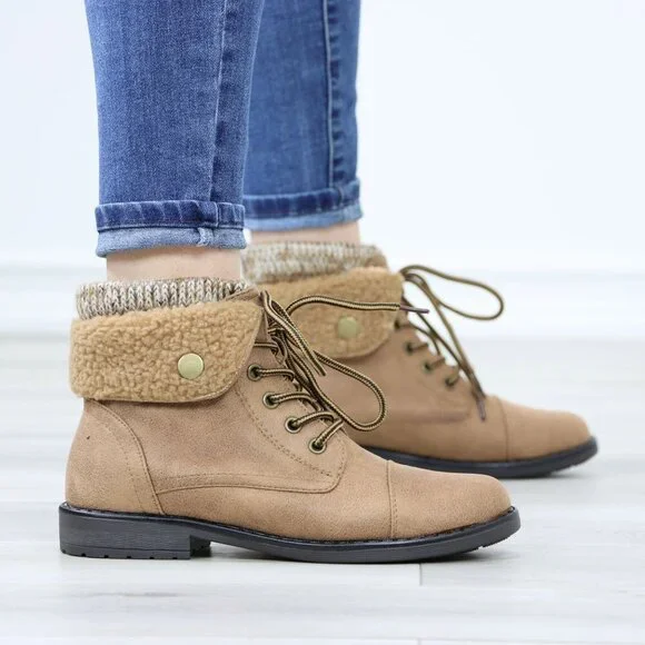 Sherpa Ankle Lined Combat Flat Heel Ankles Boots Tan Faux Leather - Picture 3 of 12